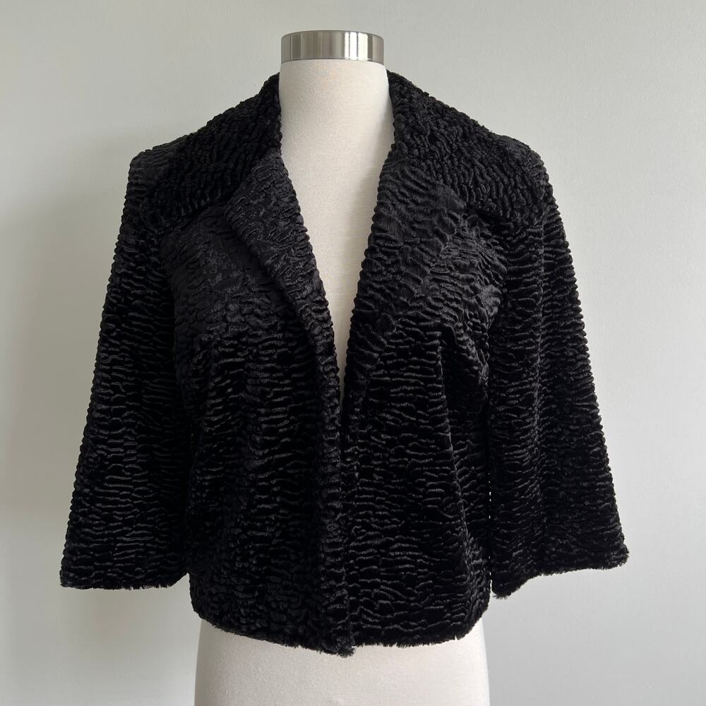 Cachet Vintage Black Persian Lamb Textured Faux-Fur Cropped Jacket Size Small